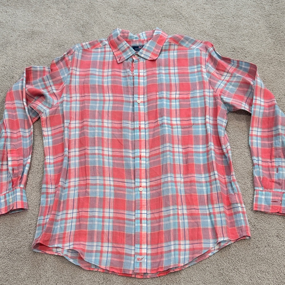 Vineyard Vines Pink and Blue Plaid Linen Button Down Shirt